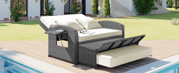 TOPMAX PE Wicker Rattan Double Chaise Lounge, 2-Person Reclining Daybed with Adjustable Back and Cushions, Free Furniture Protection Cover, White (OLD