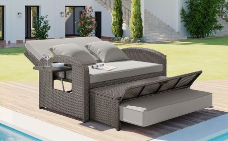 TOPMAX PE Wicker Rattan Double Chaise Lounge, 2-Person Reclining Daybed with Adjustable Back and Cushions, Free Furniture Protection Cover,Gray (OLD S