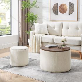 2-Piece Set Round Chenille Storage Ottoman, Equipped with a Drum Shaped Small Stool, Storage Space, and MDF Made Desktop Panel (Beige 23.62"x23.62"x16