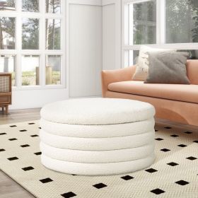 Fuji 36" Round Upholstered Storage Cocktail Ottoman, Ivory White Boucle