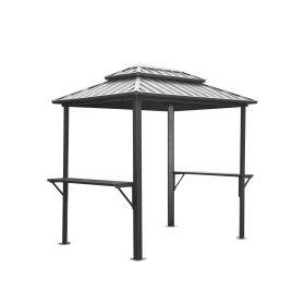 Grill Gazebo 8' �� 6', Aluminum BBQ Gazebo Outdoor Metal Frame with Shelves Serving Tables, Permanent Double Roof Hard top Gazebos for Patio Lawn Deck