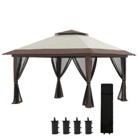 Outsunny 13' x 13' Pop Up Gazebo with Netting, Instant Canopy Tent Shelter with 2-Tier Roof, Wheeled Carry Bag, Water/Sand Bags for Outdoor, Garden, P