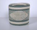 Diamond Handcrafted Fabric Cylindrical Pouf, White and Teal