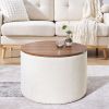 2-Piece Set Round Chenille Storage Ottoman, Equipped with a Drum Shaped Small Stool, Storage Space, and MDF Made Desktop Panel (Beige 23.62"x23.62"x16