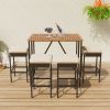 5-Piece Outdoor Acacia Wood Bar Height Table And Four Stools With Cushions, Garden PE Rattan Wicker Dining Table, Foldable Tabletop, High-Dining Bistr