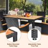 7 Piece Patio Dining Set, Outdoor Patio Conversation Set with Acacia Wood Table Top and Rattan Chairs and Soft Seat Cushions for Deck Backyard Garden,