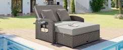 TOPMAX PE Wicker Rattan Double Chaise Lounge, 2-Person Reclining Daybed with Adjustable Back and Cushions, Free Furniture Protection Cover,Gray (OLD S