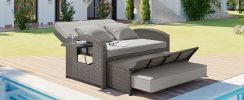 TOPMAX PE Wicker Rattan Double Chaise Lounge, 2-Person Reclining Daybed with Adjustable Back and Cushions, Free Furniture Protection Cover,Gray (OLD S