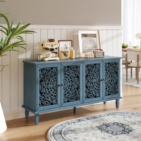 60 Antique Buffet Cabinet With Floral Carvings With Solid Wood Legs&Antique Brass Handles&Adjustable Shelves, TV Stand For 65'' TV, Sideboard For Livi (Option: Antique Blue)