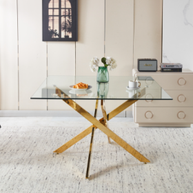 Chrome Dining Table With Cross Metal Leg And Glass,Modern Space Saving Kitchen Table For Living Room,120x120x75cm Square Glass (Option: Golden)